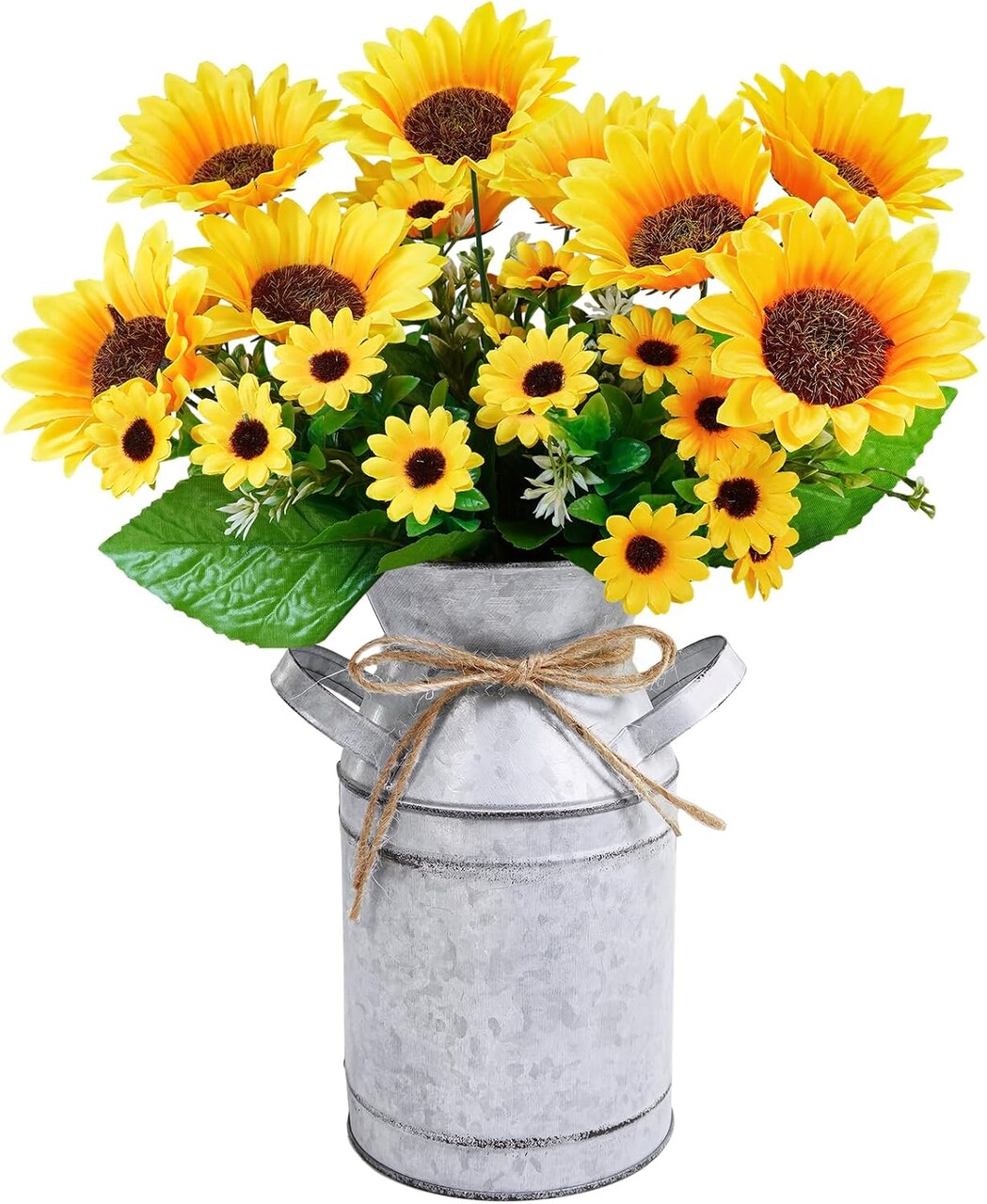 Summer Farmhouse Sunflowers – 13" Metal Milk Jug with Artificial Sunflower Bunches for Rustic Home & Kitchen Decor Floral Arrangements
